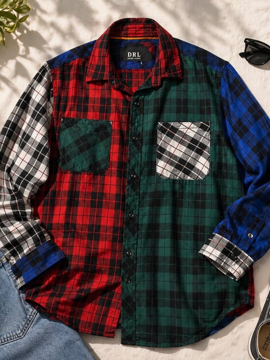 Essentials Tops - DRL Essentials Colorblock Plaid Flannel Shirt Patchwork Button Up Size L